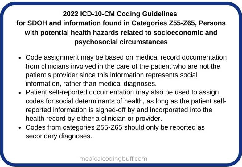 summary box of 2022 coding guidelines for SDOH
